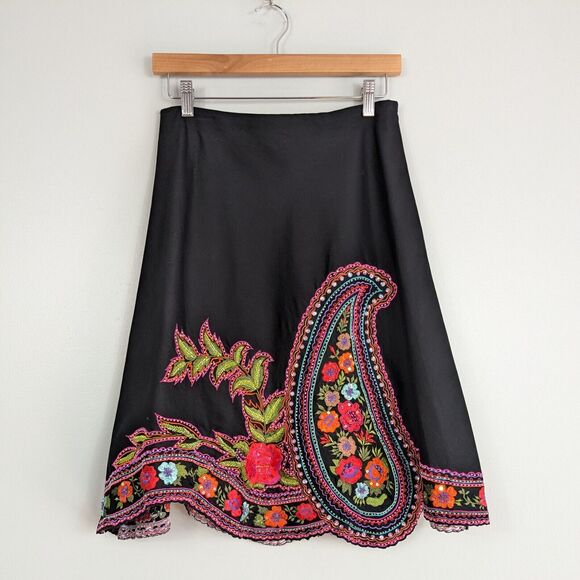 Anthropologie Basil Midi Skirt Black 2 Multi Eclectic Embroider Floral Bead Boho - Picture 1 of 9